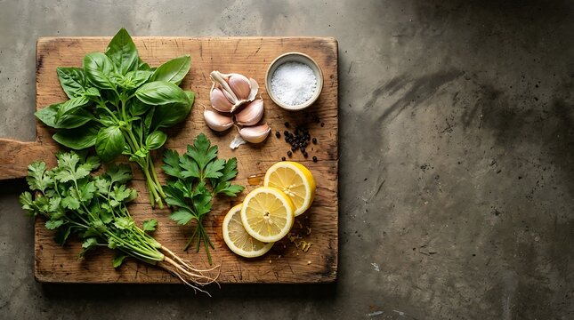 Fresh cooking ingredients with herbs garlic and lemon on wood board