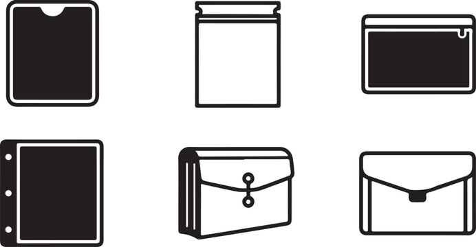 Six different types of black document pouches and folders Vector