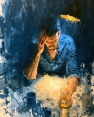 Fototapeta premium A man is seated at his desk with a hand on his forehead, looking worn out as he faces papers and a drink in a dark room filled with shadows.