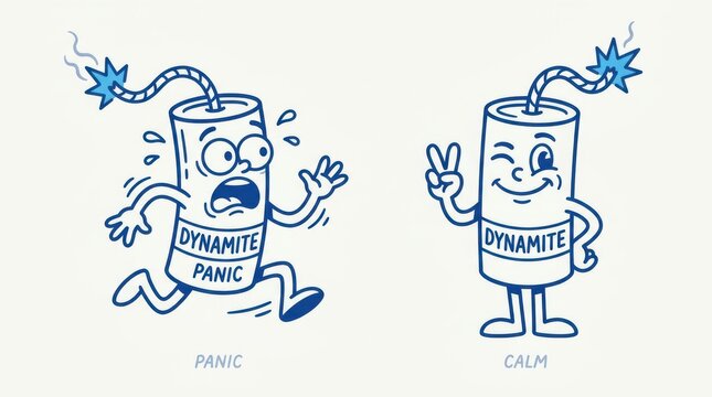 Cartoon dynamite stick characters showing panic and calm states
