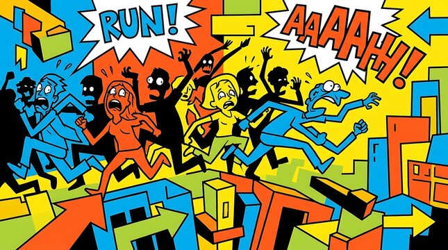 Colorful pop art illustration of a panicked crowd of people running scared from an unseen threat