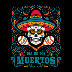 Obraz premium Dia de los Muertos. Sugar skull in sombrero with maracas on colorful background. Poster, flyer, emblem template. Vector illustration