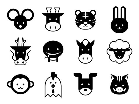 シンプルな動物の顔　アイコンセット（干支）（白黒）