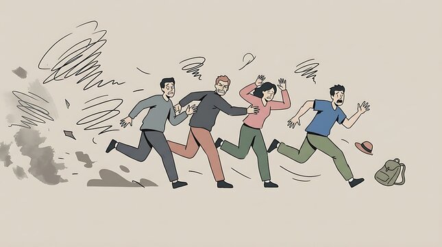Group of diverse people running scared from a dangerous tornado storm wind disaster landscape illustration