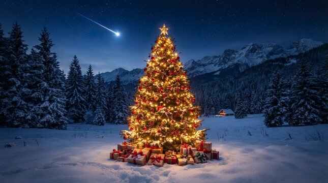 Winter Night Scene With Snow Covered Forest And Christmas Tree.
