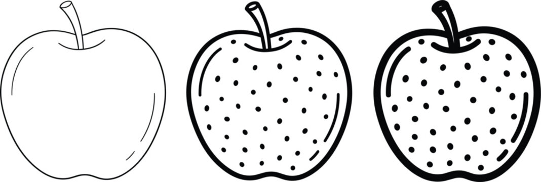 Black and white apple vector icon set featuring minimalist outline drawings and textured stipple dot shading variations isolated on white background