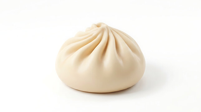 A single steamed bao bun with a pleated top on a plain white background.