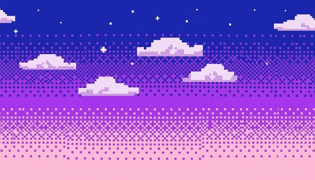 A pixelated landscape of a serene evening sky with clouds and stars