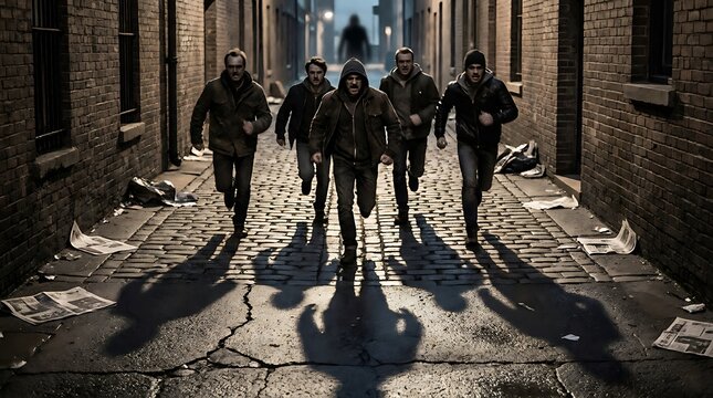 Terrified individuals sprinting down a dark narrow cobblestone alley with people running scared from danger