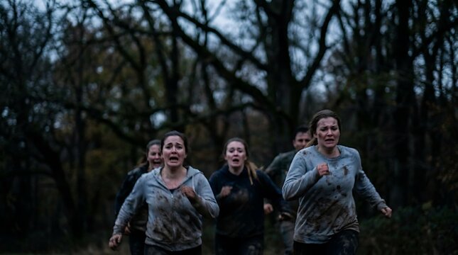 Terrified individuals sprinting through a muddy autumn forest with group of people running scared in fear