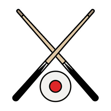 Minimalist billiards icon with a cue ball and two crossed pool cues arranged in a symmetrical composition on a white background, sports and leisure concept