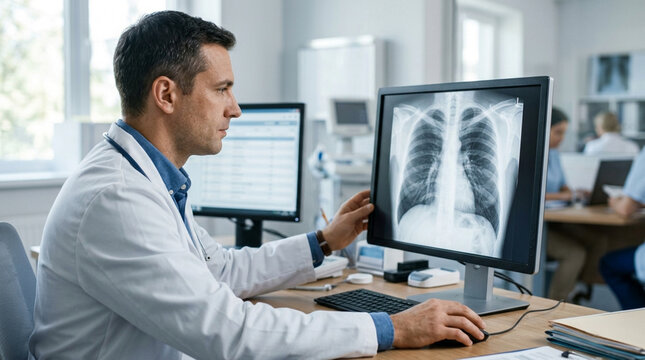 Doctor examining chest x-ray on computer screen in a modern clinic