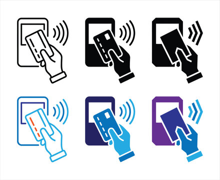 NFC credit card contactless payment icon set vector outline, solid, flat, two color, and glyph style.
