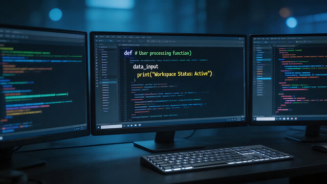 Three computer monitors displaying code