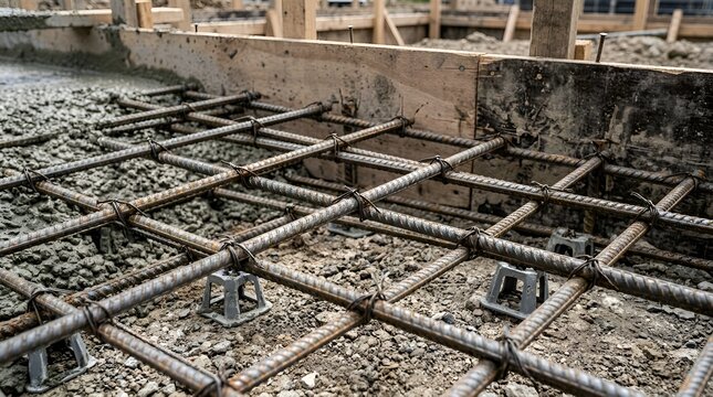 Reinforcement steel bars installed on construction site foundation
