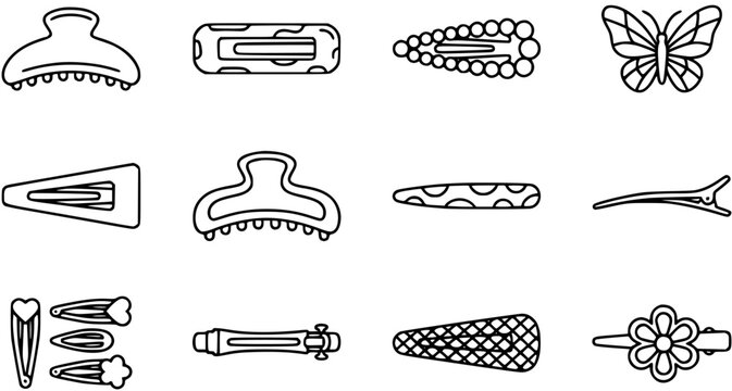 Fashion Beauty Hair Accessories Outline Icons. Black and White Line Art Collection of Diverse Hair Clips, Barrettes, and Hairpins.