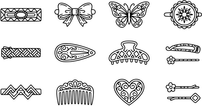 Beauty and Fashion Hair Accessories Black and White Line Art Icons Set. Outline collection of hair clips, barrettes, comb, claw clip, and pins for personal care.