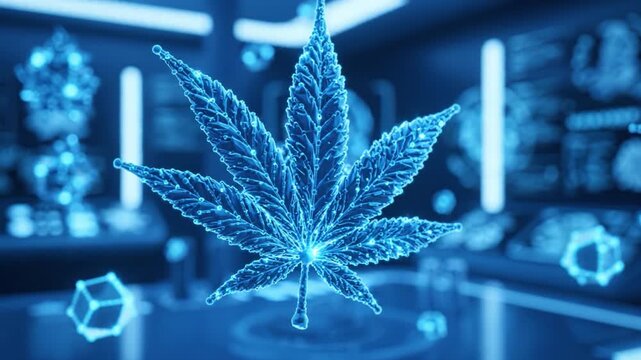 Digital leaf futuristic technology glowing blue hologram display science virtual environment innovation abstract design cannabis holograms floating advanced scientific interface high tech atmosphere