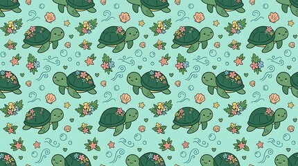 Cute sea turtle pattern with floral shells and marine elements
