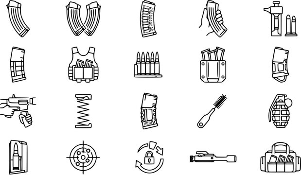 Black and white line art icons of gun magazines, bullets, and tactical gear for military or security industry