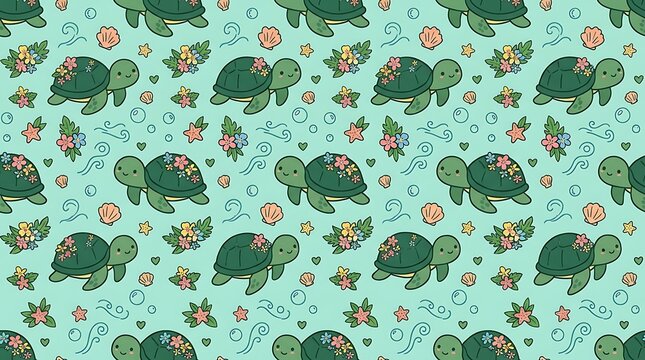 Cute sea turtle pattern with floral shells and marine elements