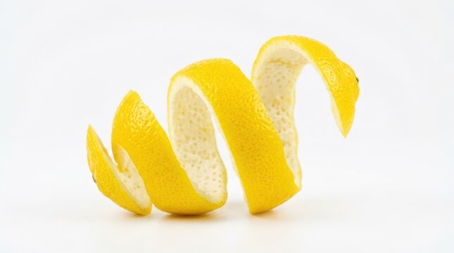 Fresh spiral lemon peel rind twist on white background with isolated