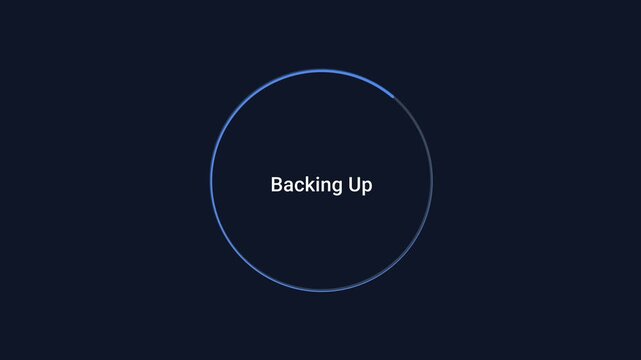 Animated flat vector motion graphic featuring a circular backup progress indicator with status text on a dark background. Ideal for backup processes, data protection, dashboards, and user interface co