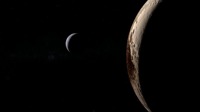 Trans-Neptunian object dwarf planet 90482 Orcus orbiting near Pluto plane in deep dark space in 4K Ultra HD footage.
