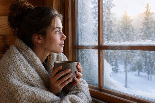 Cozy Winter Cabin Interior with Young Woman Wrapped in Blanket Holding Warm Mug Looking Outside Window