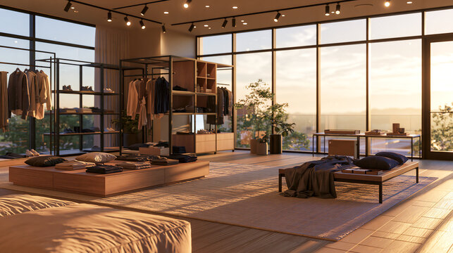 Clothing Boutique Interior With Apparel Displays at Sunset