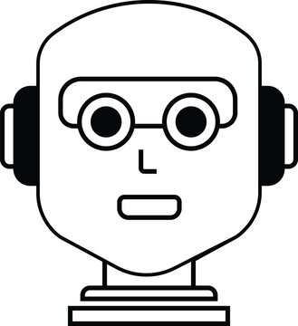 Minimalist black and white line art illustration of a stylized robotic head featuring round goggles and integrated headphones isolated on a plain white digital background
