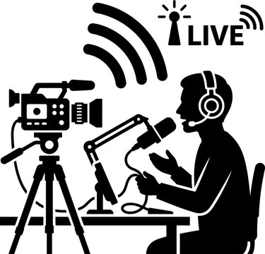Vector icon illustration depicting a live streaming podcast studio with a creator wearing headphones talking into a microphone while a camera records the broadcast online.