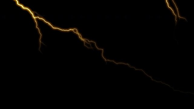 Golden Lightning Strike VFX Overlay, Dramatic High Voltage Electricity Effect, Black Background. 4K Video