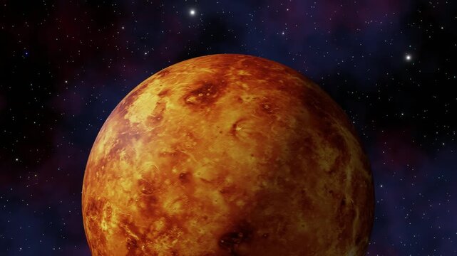 Terrestrial exoplanet Venus view from outer space with twinkling stars in Milky Way galaxy 3D render in 4K Ultra HD footage.

