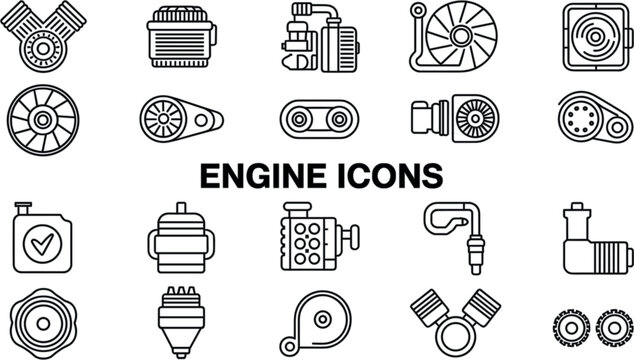 Flat design engine icon set with orange and charcoal automotive mechanics piston turbine and radiator vector elements