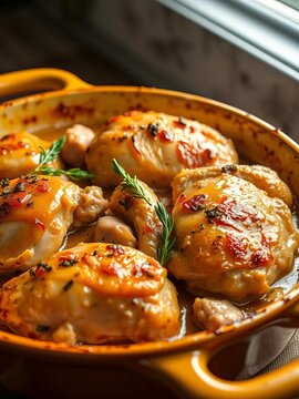 Golden brown casserole dish filled with tender goose pieces, meat, tender