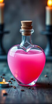 Heart-shaped potion bottle filled with a soft pink liquid and topped with a wooden cork stopper, surrounded by candlelight, potion, bottle