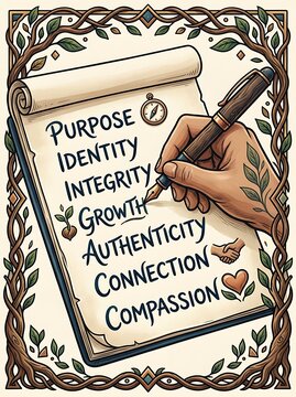 Hand writing personal core values on a vintage paper scroll