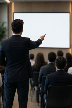 Professional businessman in a dark suit pointing at a blank white presentation screen during meeting