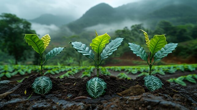 foggy atmosphere of coffee plantation, morning mist at coffee crop plant farm 