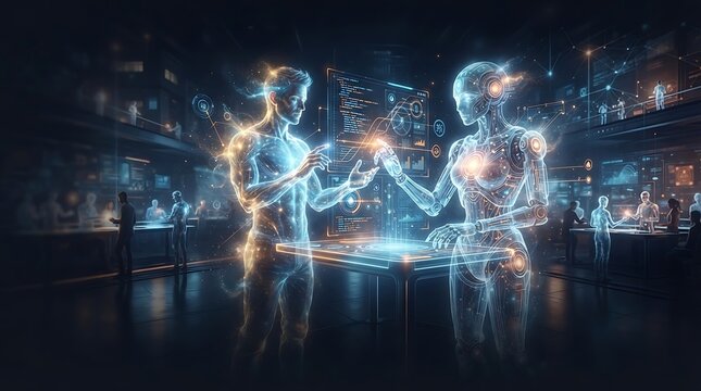 Futuristic digital humans interact with holographic technology in a modern data center, representing AI and advanced communication