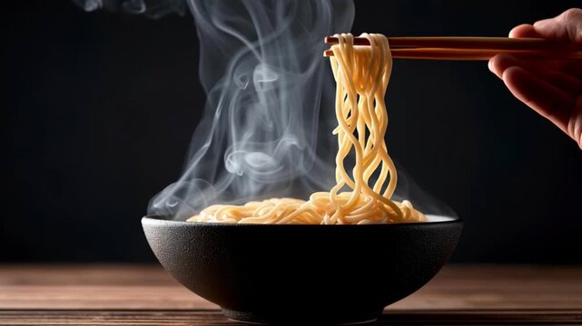 Steaming noodle bowl with chopstick and hand on dark wooden table, steam over pasta meal in bowl, dark background SEO title
