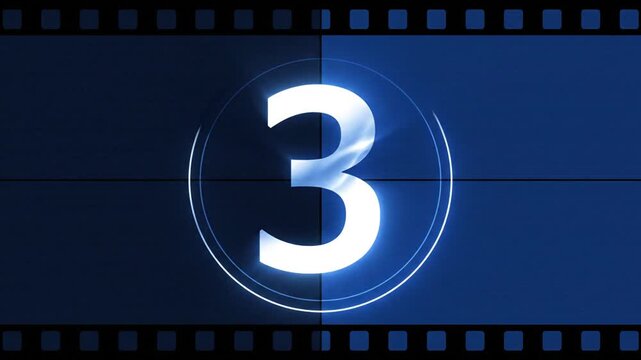 Retro movie countdown from five to three on a blue film leader background.