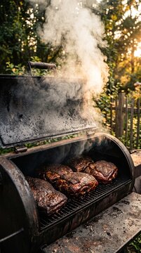 Outdoor smoker with seasoned meat thick smoke rustic backyard barbecue slow cooked summer cookout