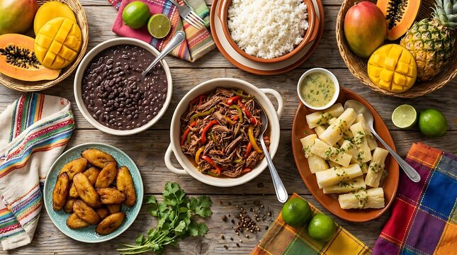 Top view of traditional cuban food spread with black beans rice pulled pork and fried plantains. Cuban Cuisine 