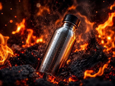 Stainless steel water bottle on fiery embers with dramatic flames and sparks