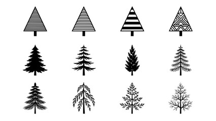 Obraz premium Set of black pine tree icons and fir forest silhouette shapes for design