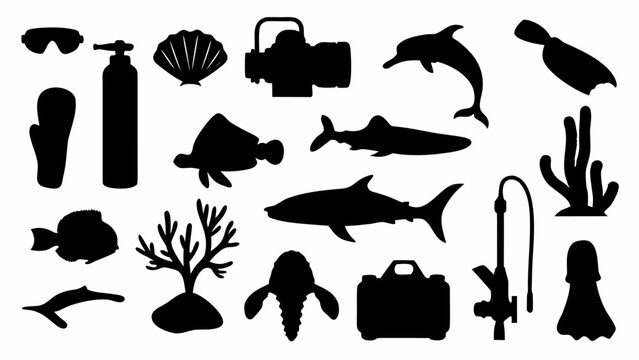 Collection of black silhouette icons illustrating underwater marine life diving equipment and aquatic creatures isolated on white background