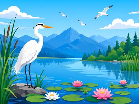 Graceful white egret standing by a serene mountain lake with pink water lilies