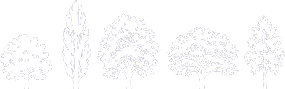 Stylized outlines of various trees in blue, representing nature and design elements on a transparent backdrop.